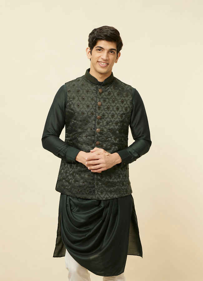 alt message - Manyavar Men Forest Green Mughal Motif Jacket Set image number 0