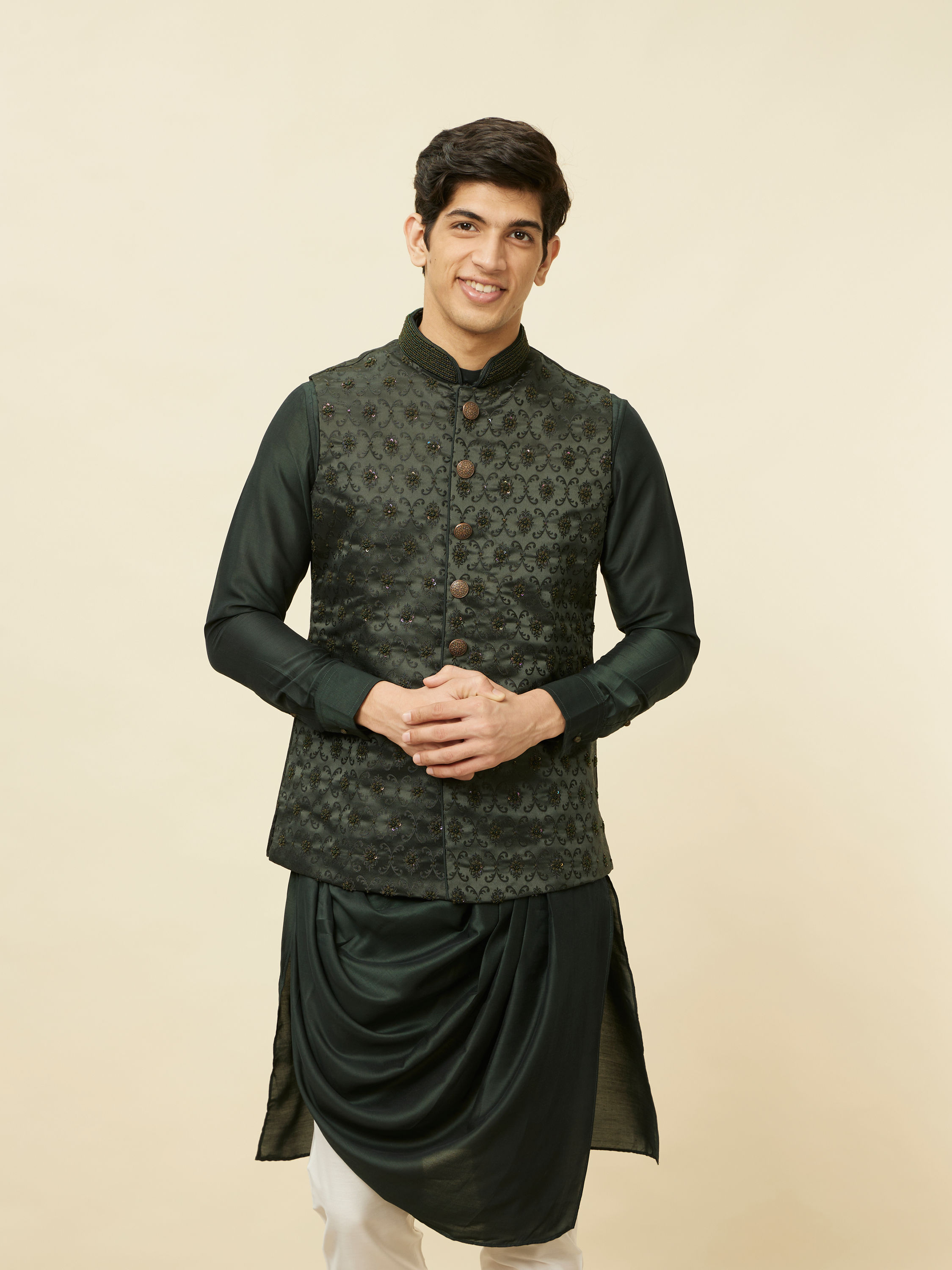 Manyavar Men Forest Green Mughal Motif Jacket Set