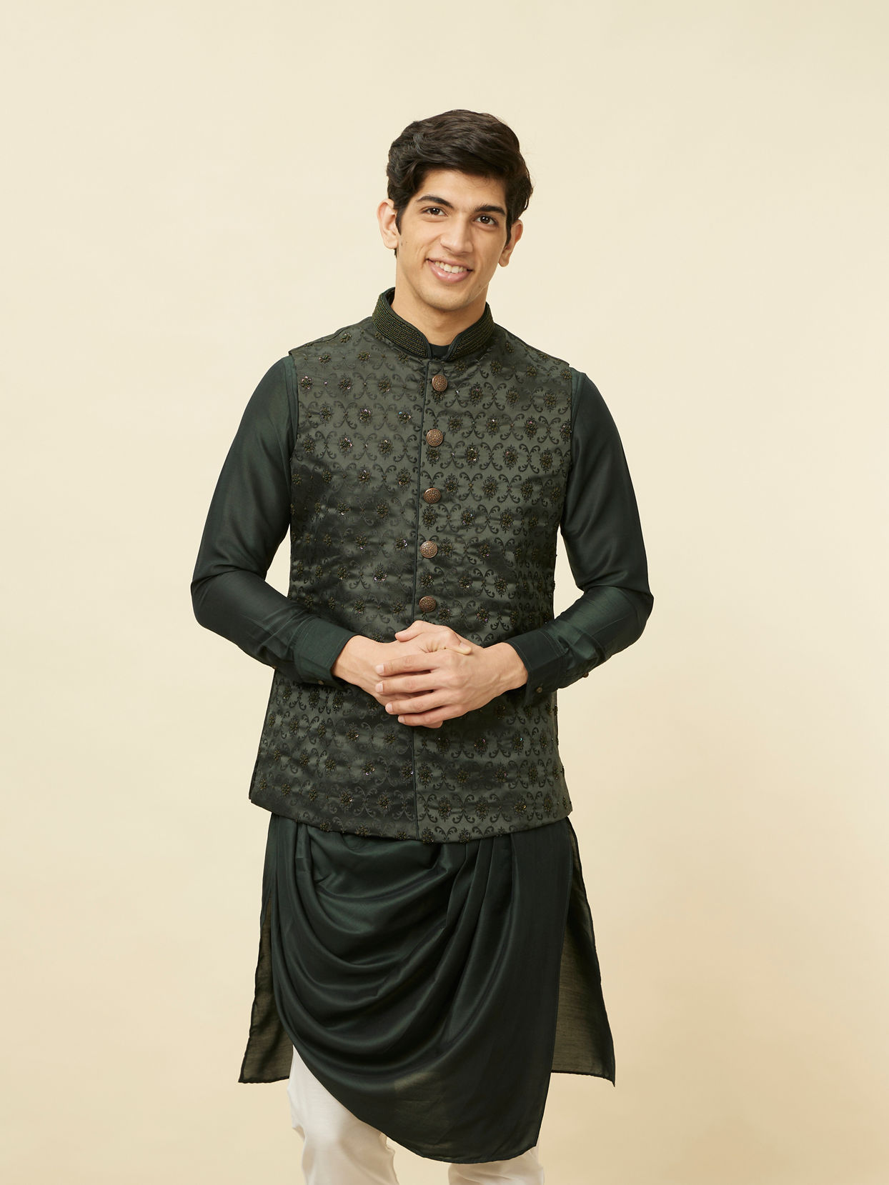 alt message - Manyavar Men Forest Green Mughal Motif Jacket Set image number 0