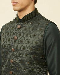 Manyavar Men Forest Green Mughal Motif Jacket Set