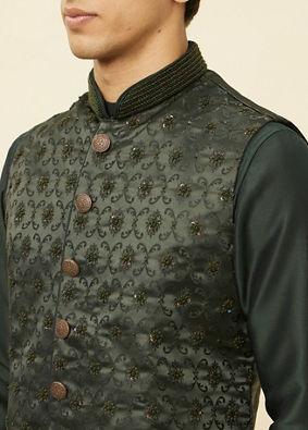 alt message - Manyavar Men Forest Green Mughal Motif Jacket Set image number 1