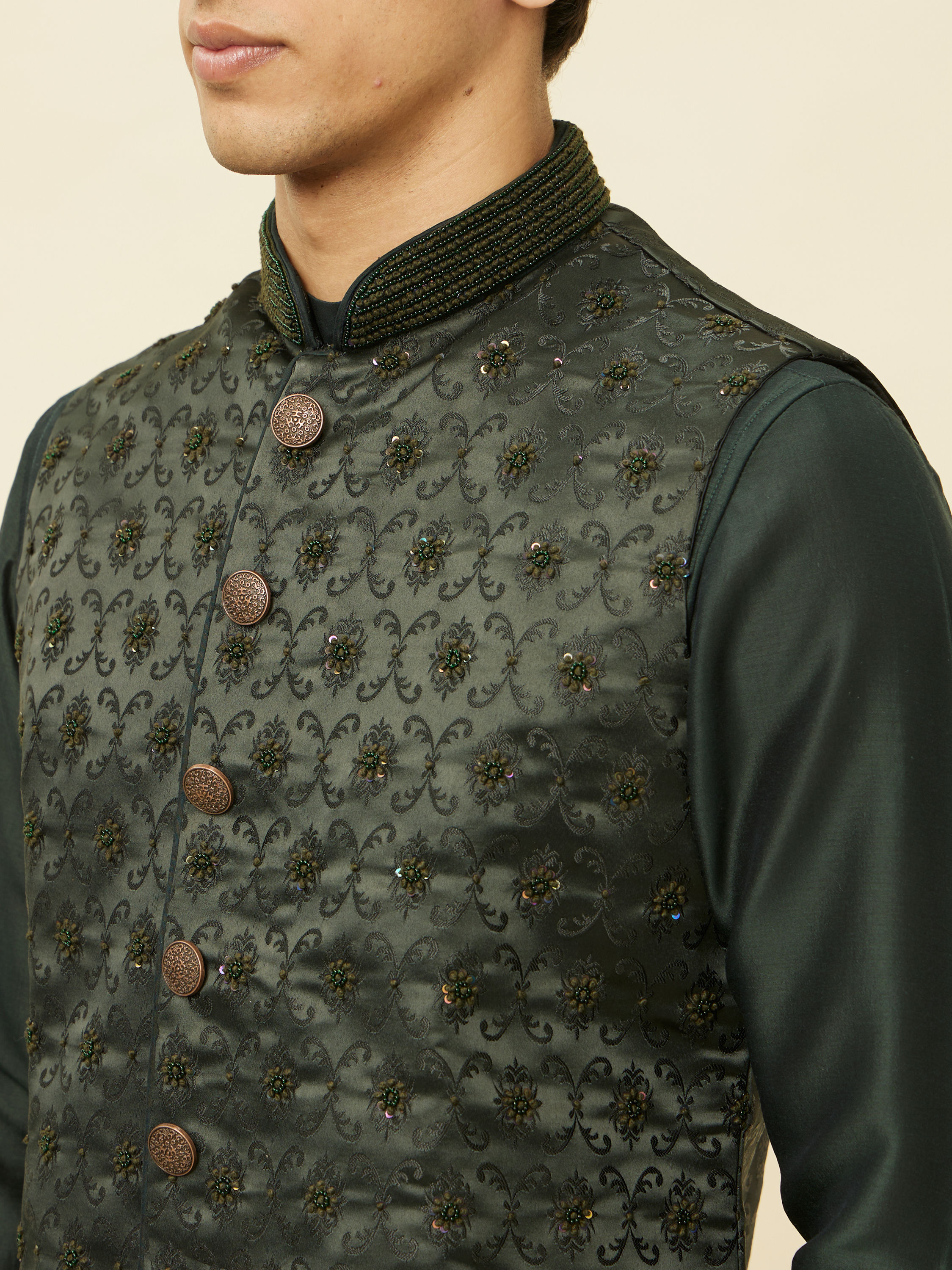 Manyavar Men Forest Green Mughal Motif Jacket Set