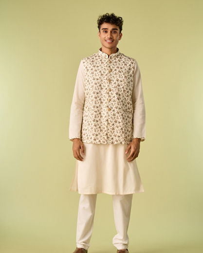 Diwas Men Sea Shell White Kurta Jacket With Floral Work