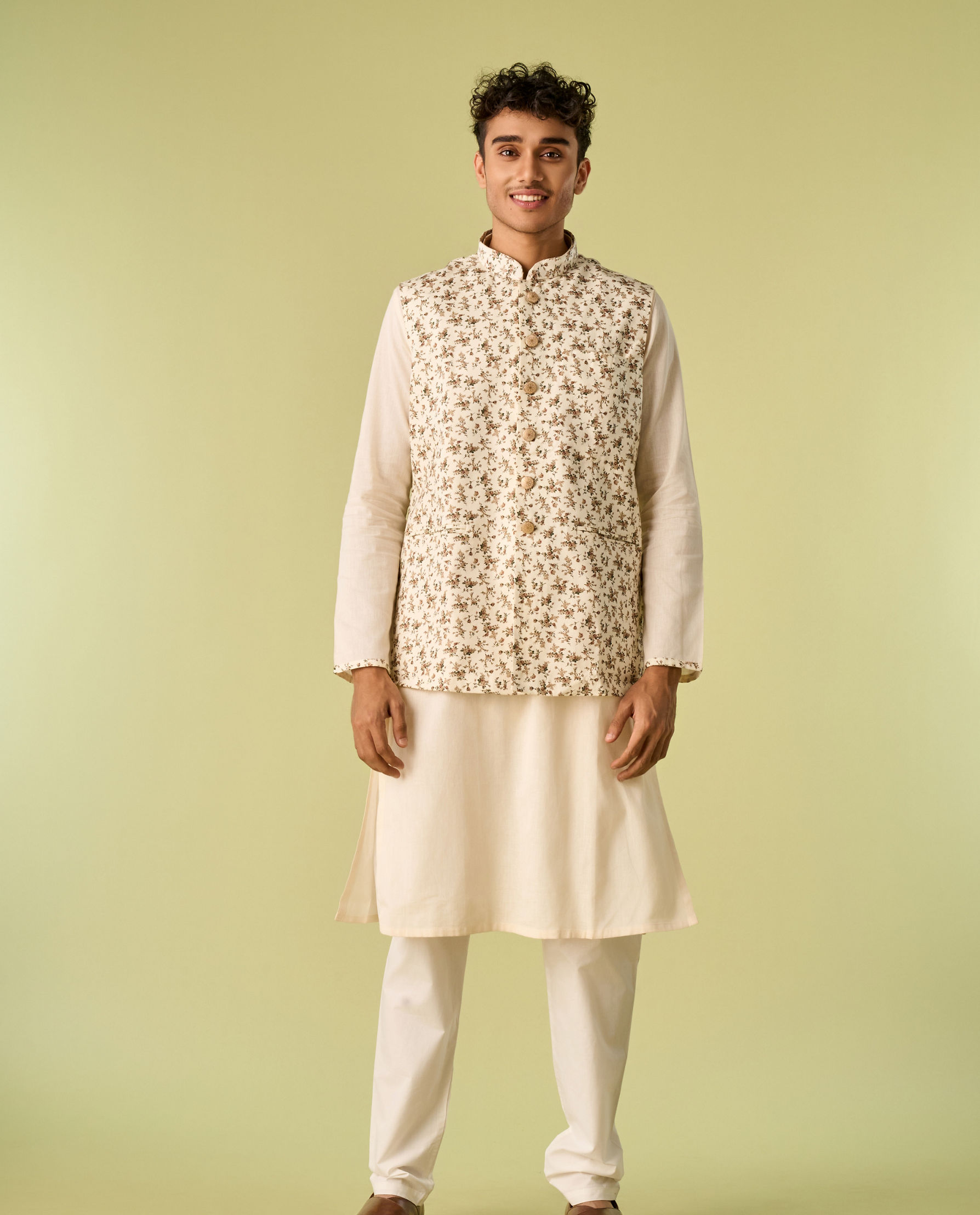 Diwas Men Sea Shell White Kurta Jacket With Floral Work