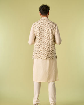 Diwas Men Sea Shell White Kurta Jacket With Floral Work