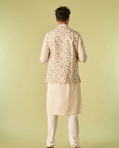 Diwas Men Sea Shell White Kurta Jacket With Floral Work