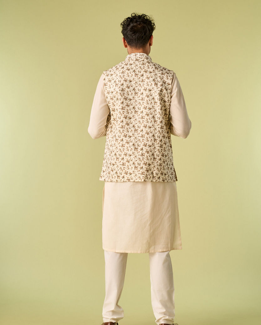 Diwas Men Sea Shell White Kurta Jacket With Floral Work