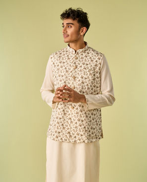Diwas Men Sea Shell White Kurta Jacket With Floral Work