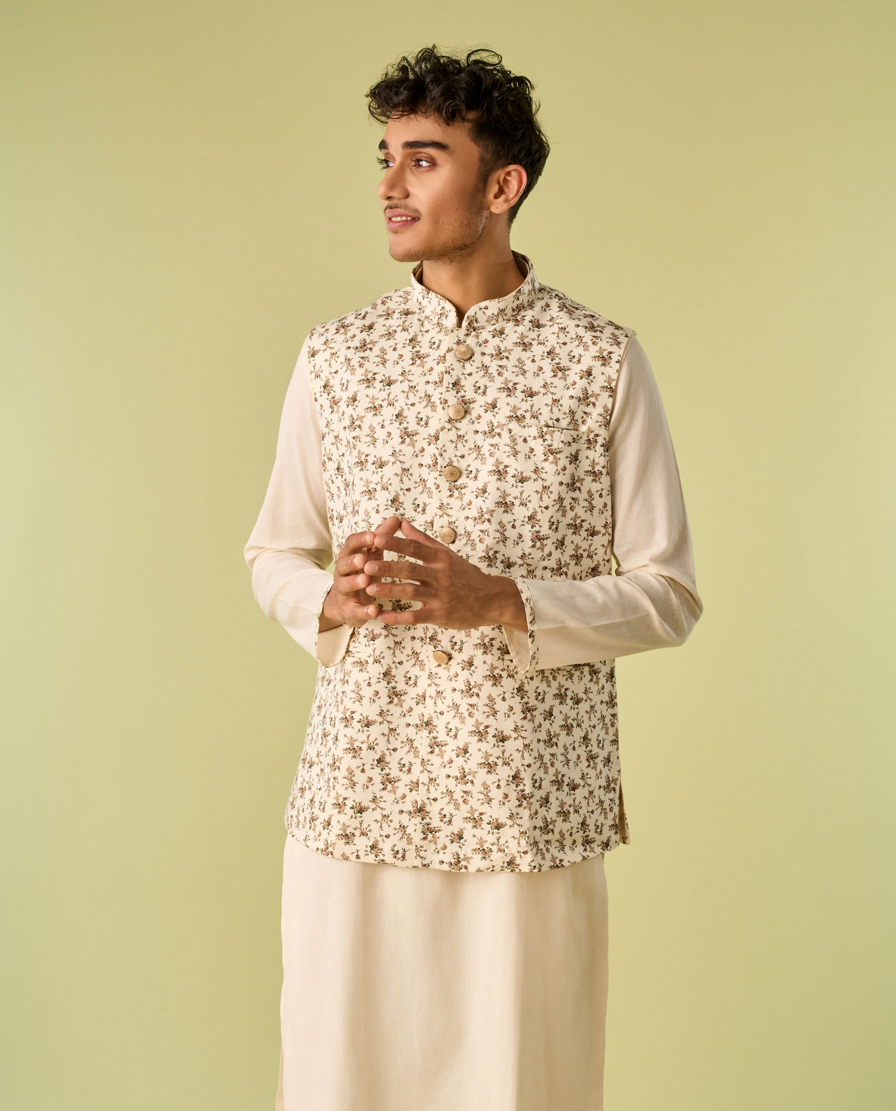 Diwas Men Sea Shell White Kurta Jacket With Floral Work