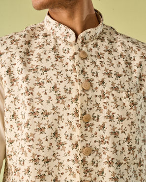 Diwas Men Sea Shell White Kurta Jacket With Floral Work