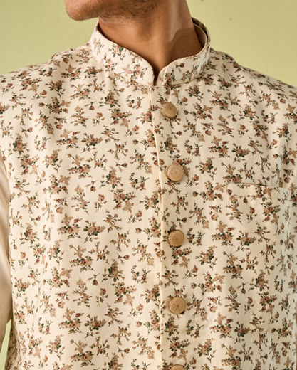 Diwas Men Sea Shell White Kurta Jacket With Floral Work