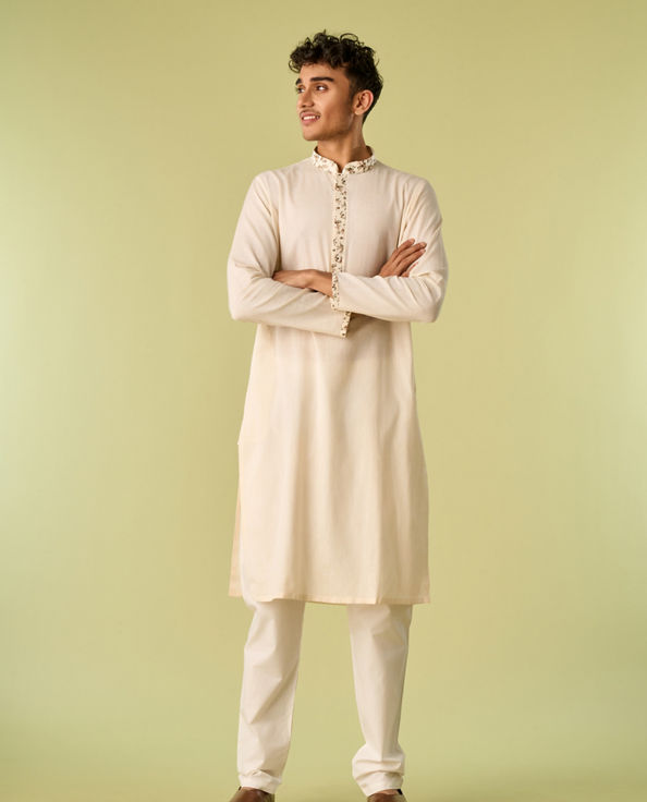 Diwas Men Sea Shell White Kurta Jacket With Floral Work