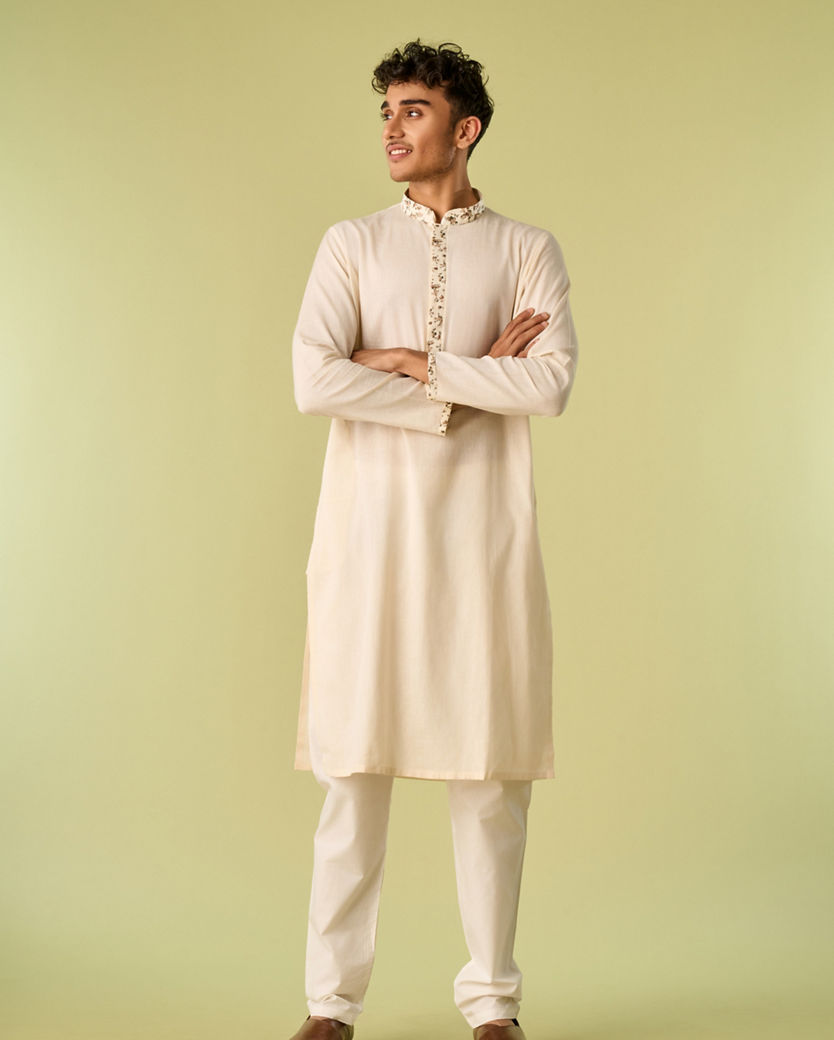 Diwas Men Sea Shell White Kurta Jacket With Floral Work