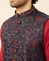 alt message - Manyavar Men Deep Blue-Aurora Red Bel Buti Patterned Kurta Jacket Set image number 1