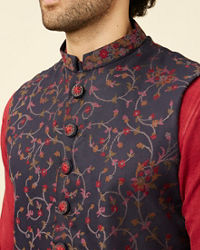 Manyavar Men Deep Blue Aurora Red Bel Buti Patterned Kurta Jacket Set