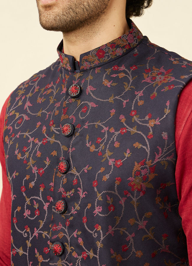 alt message - Manyavar Men Deep Blue-Aurora Red Bel Buti Patterned Kurta Jacket Set image number 1