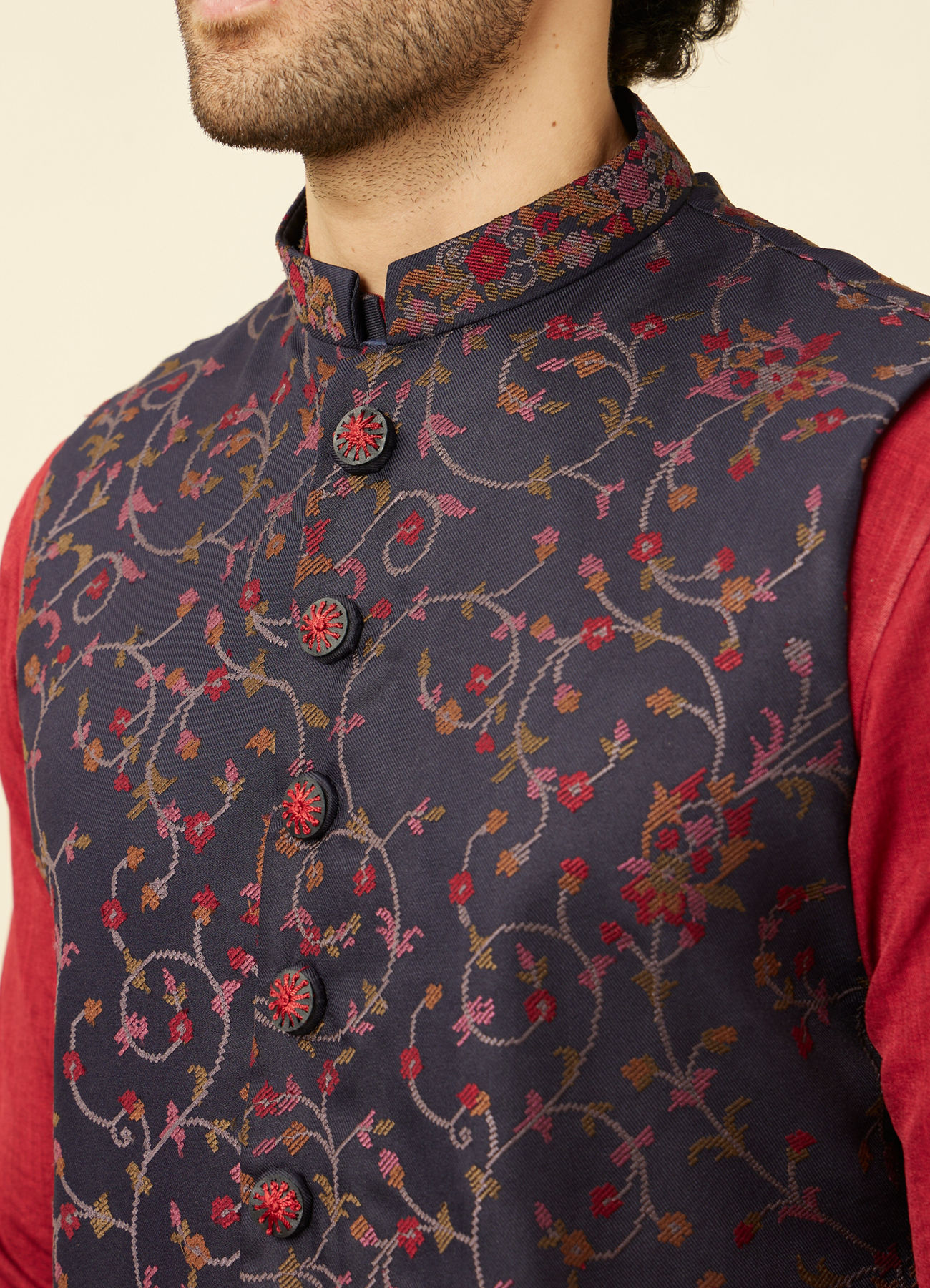 Manyavar Men Deep Blue Aurora Red Bel Buti Patterned Kurta Jacket Set