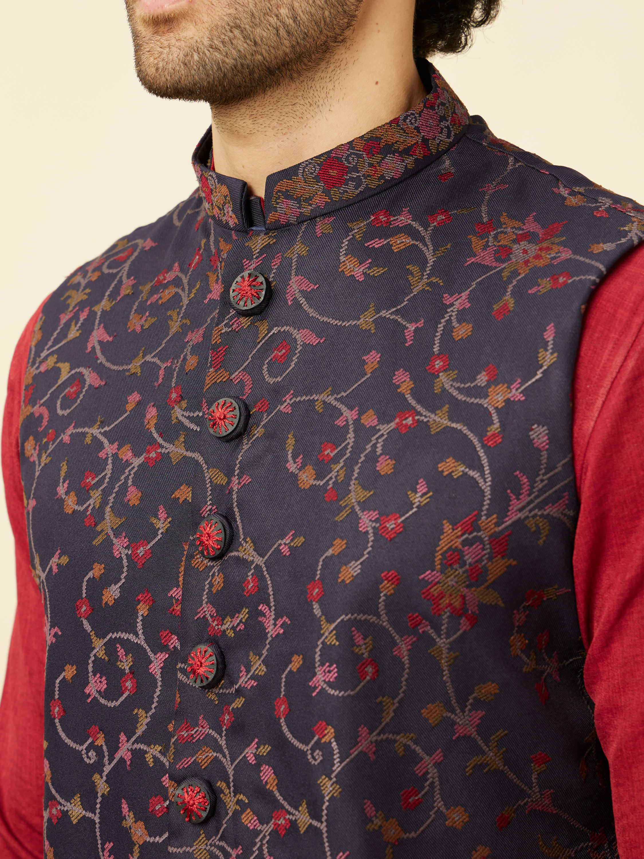 Manyavar Men Deep Blue Aurora Red Bel Buti Patterned Kurta Jacket Set