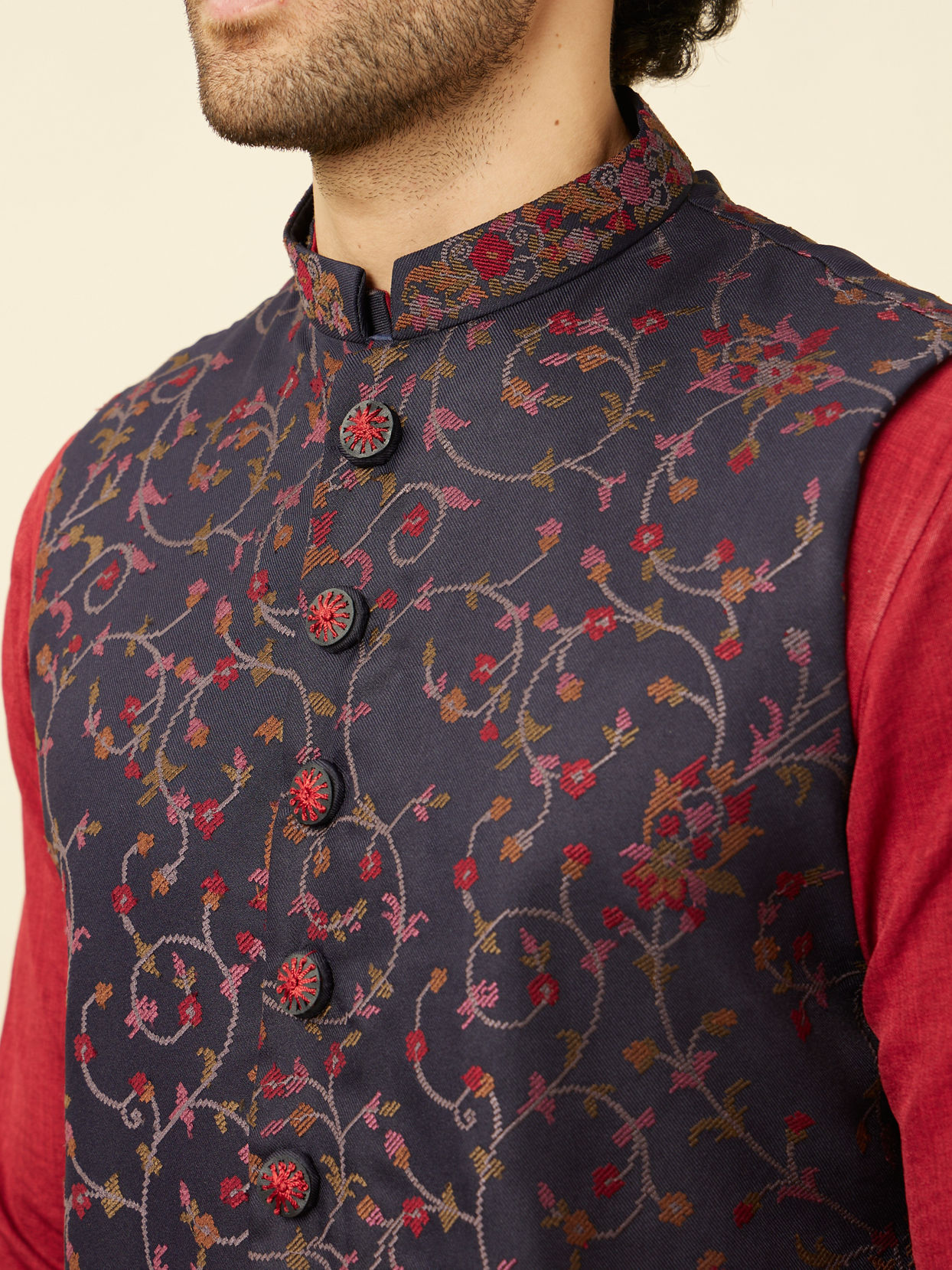 alt message - Manyavar Men Deep Blue-Aurora Red Bel Buti Patterned Kurta Jacket Set image number 1