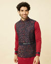 Deep Blue Aurora Red Bel Buti Patterned Kurta Jacket Set