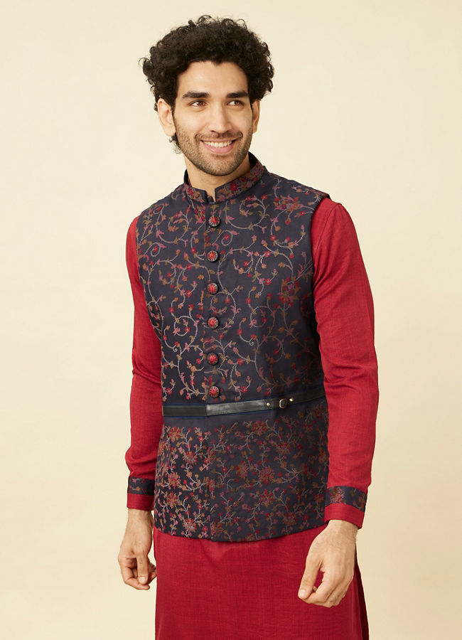 alt message - Manyavar Men Deep Blue-Aurora Red Bel Buti Patterned Kurta Jacket Set image number 0