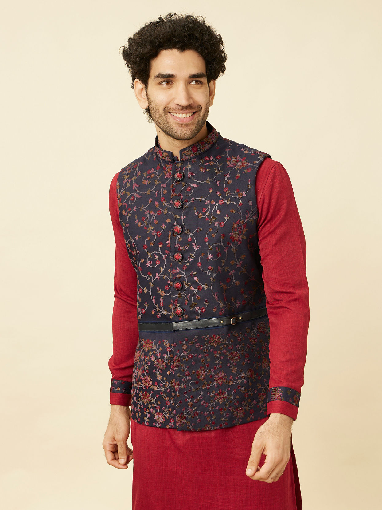 alt message - Manyavar Men Deep Blue-Aurora Red Bel Buti Patterned Kurta Jacket Set image number 0