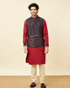 Manyavar Men Deep Blue Aurora Red Bel Buti Patterned Kurta Jacket Set