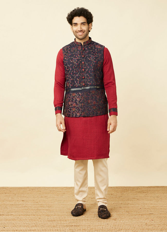 Manyavar Men Deep Blue Aurora Red Bel Buti Patterned Kurta Jacket Set