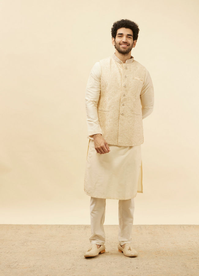 Manyavar Men Beige Cream Paisley Motif Sequined Kurta Jacket Set