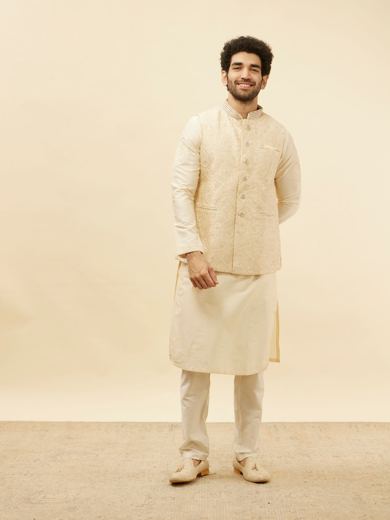 Beige Cream Paisley Motif Sequined Kurta Jacket Set image number 2