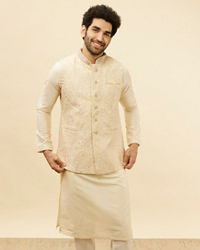 Manyavar Men Beige Cream Paisley Motif Sequined Kurta Jacket Set