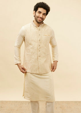 alt message - Manyavar Men Beige Cream Paisley Motif Sequined Kurta Jacket Set image number 0