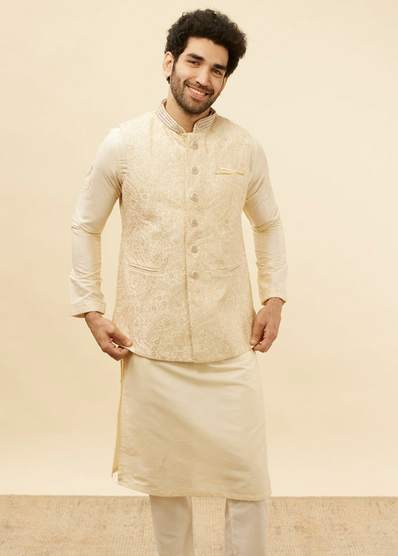 Manyavar Men Beige Cream Paisley Motif Sequined Kurta Jacket Set