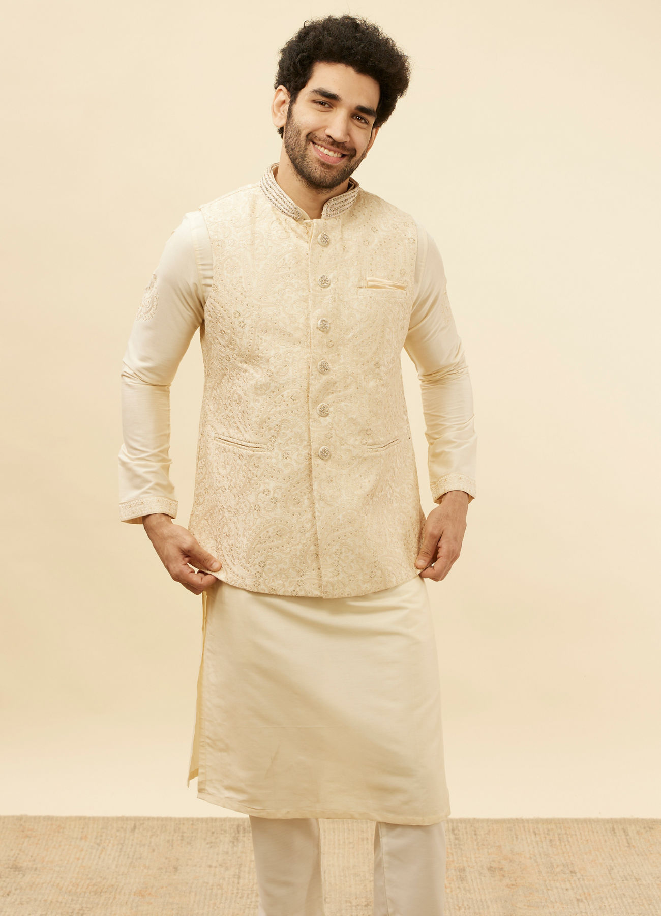 Manyavar Men Beige Cream Paisley Motif Sequined Kurta Jacket Set