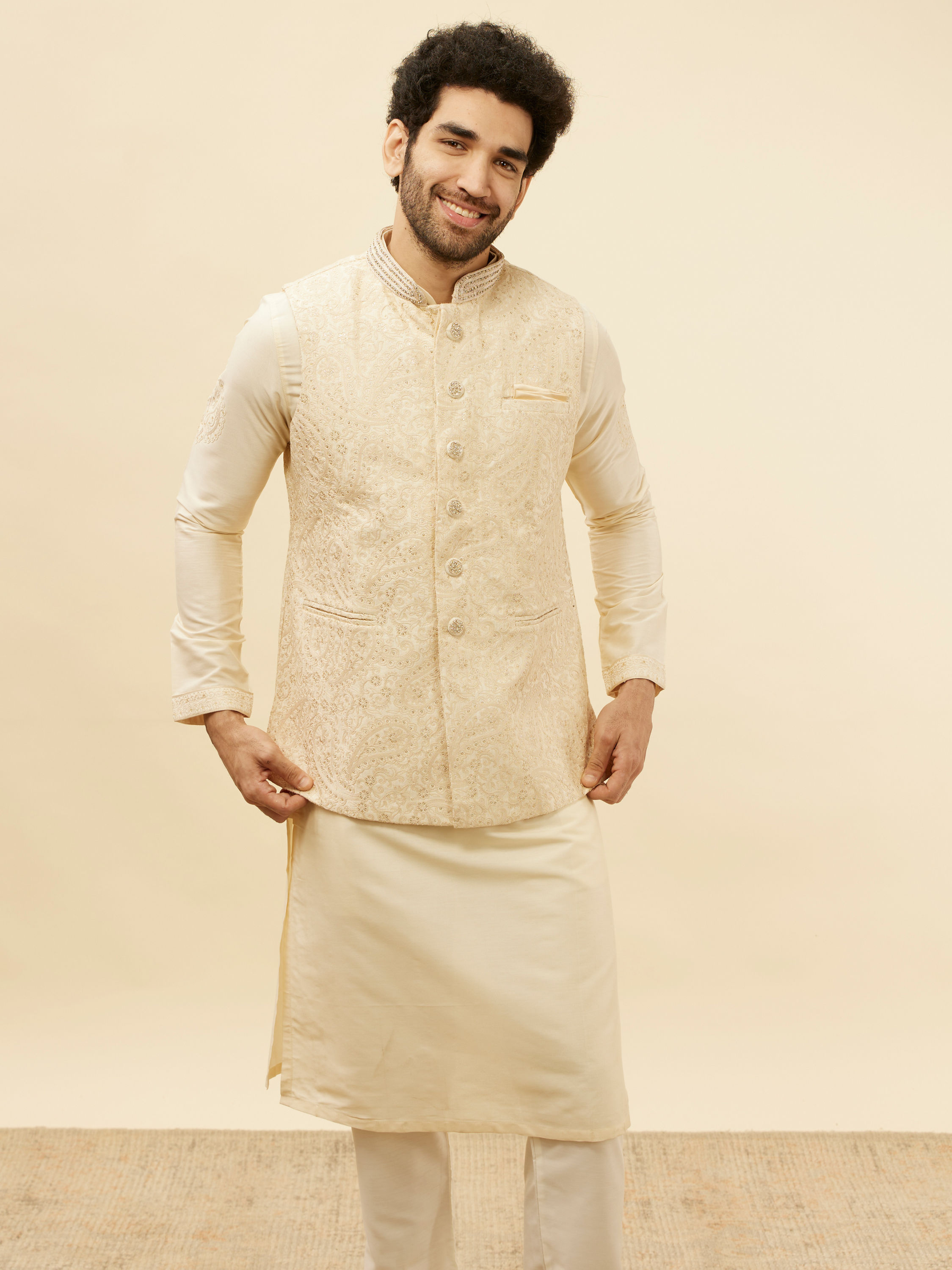 Manyavar Men Beige Cream Paisley Motif Sequined Kurta Jacket Set