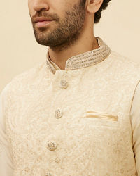 Manyavar Men Beige Cream Paisley Motif Sequined Kurta Jacket Set