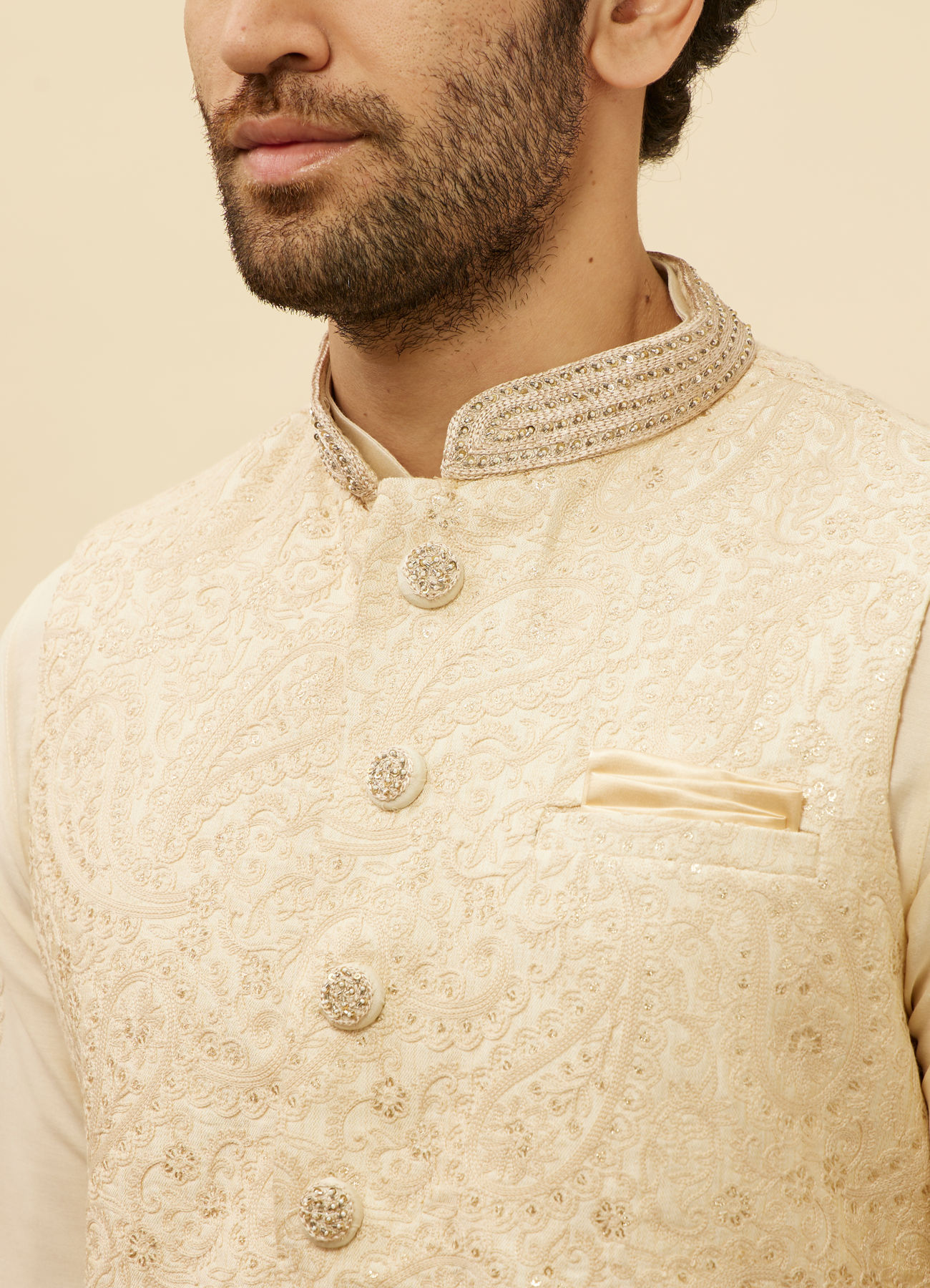 Manyavar Men Beige Cream Paisley Motif Sequined Kurta Jacket Set