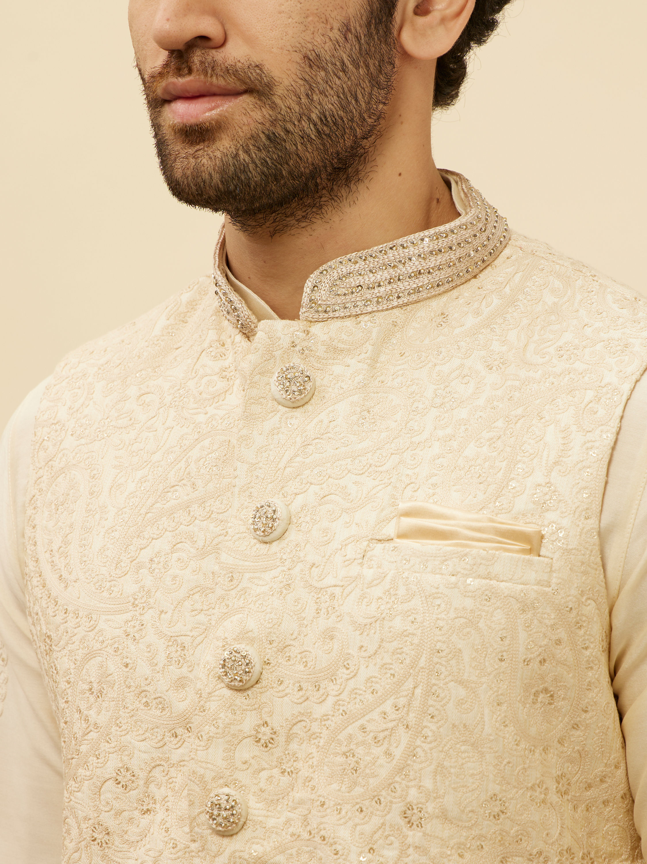 Manyavar Men Beige Cream Paisley Motif Sequined Kurta Jacket Set