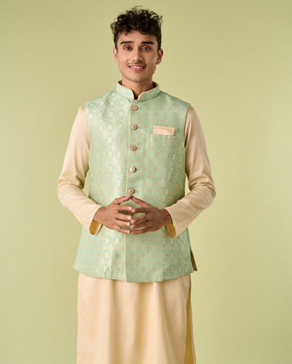Diwas Men Sea Green Celebration Wear Kurta Jacket With Golden Motifs