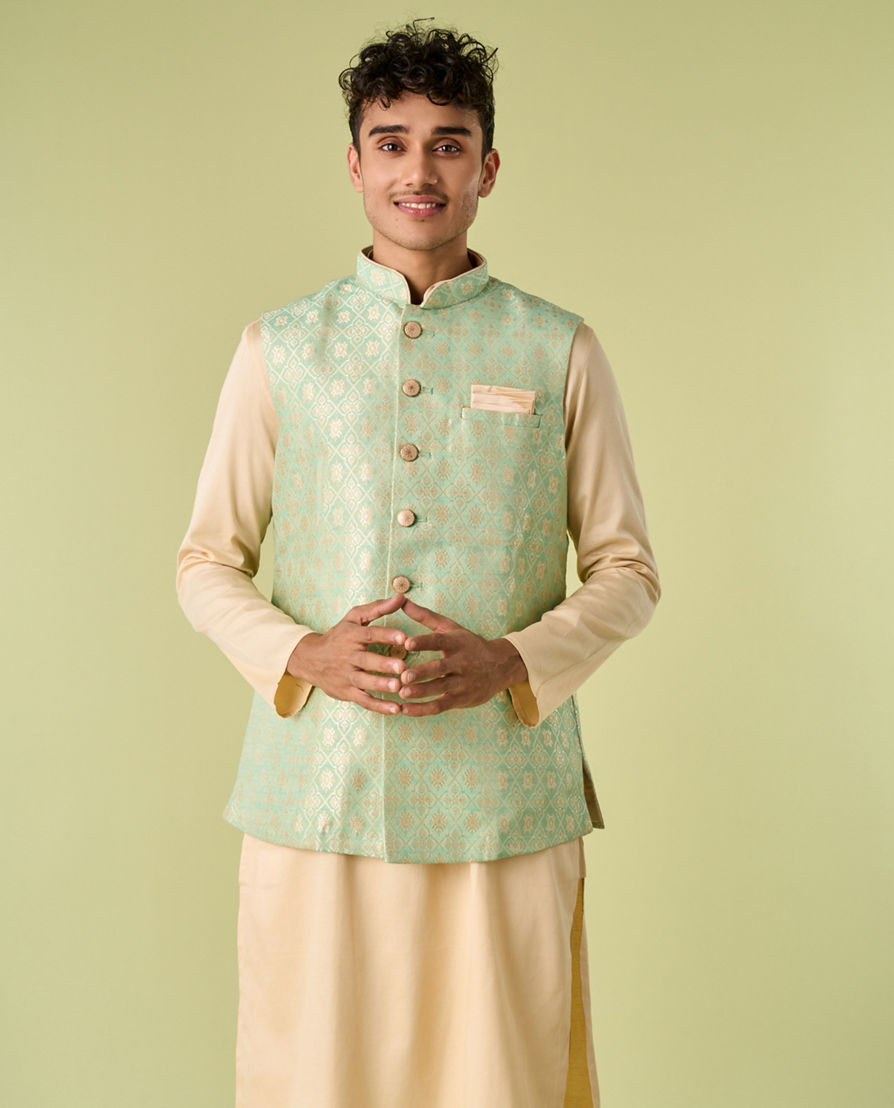 Diwas Men Sea Green Celebration Wear Kurta Jacket With Golden Motifs
