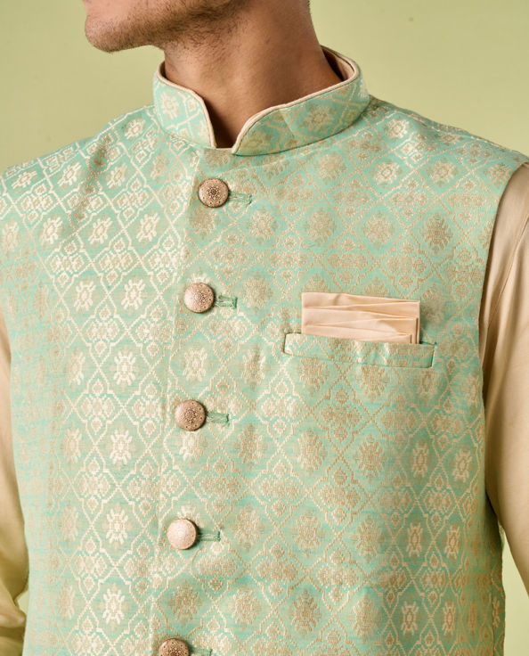 Diwas Men Sea Green Celebration Wear Kurta Jacket With Golden Motifs