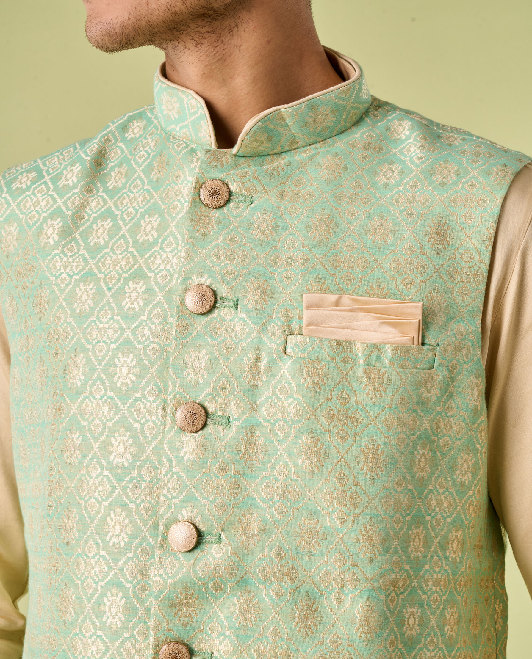 Diwas Men Sea Green Celebration Wear Kurta Jacket With Golden Motifs