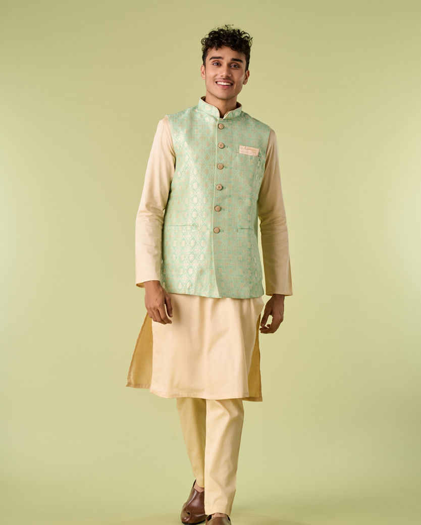 Diwas Men Sea Green Celebration Wear Kurta Jacket With Golden Motifs