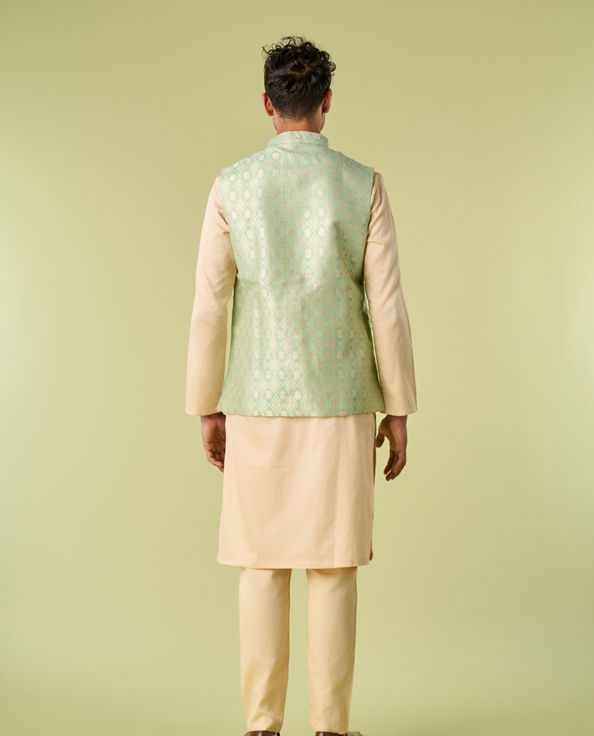 Diwas Men Sea Green Celebration Wear Kurta Jacket With Golden Motifs