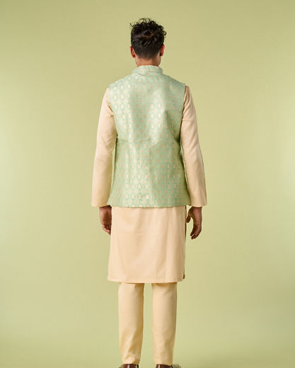 Diwas Men Sea Green Celebration Wear Kurta Jacket With Golden Motifs