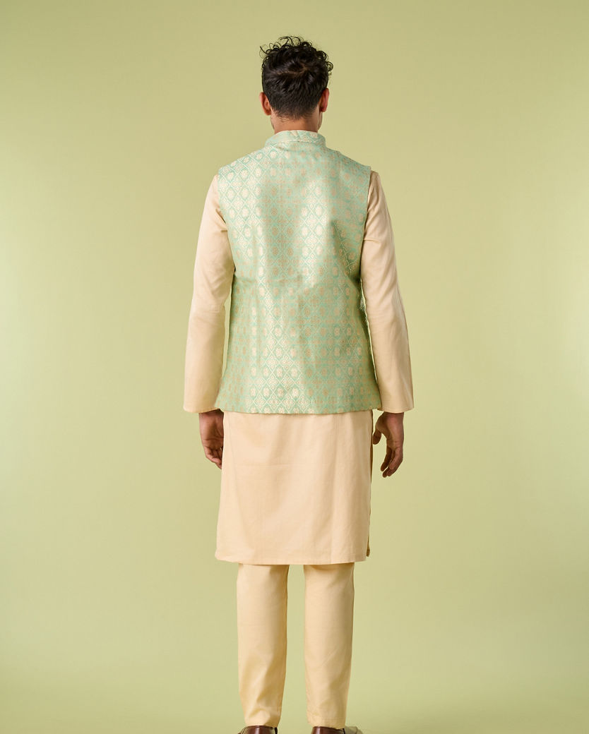 Diwas Men Sea Green Celebration Wear Kurta Jacket With Golden Motifs