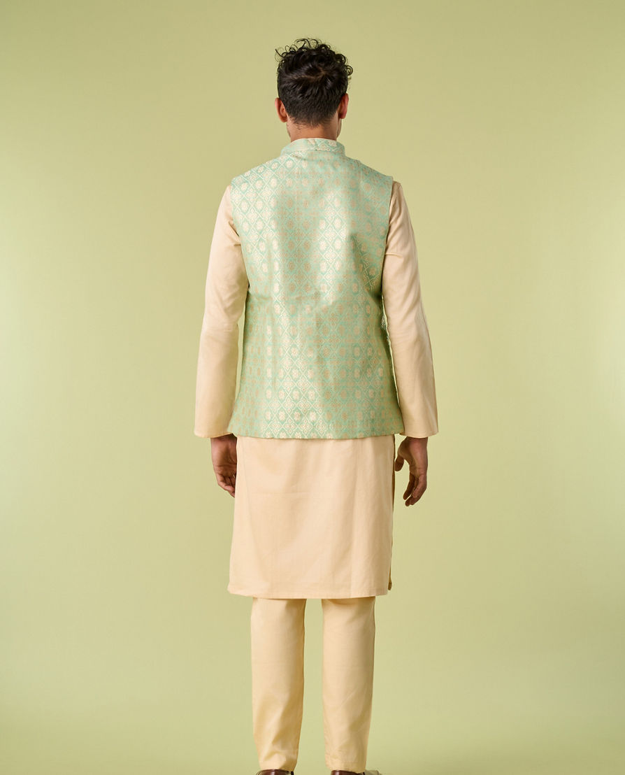 Diwas Men Sea Green Celebration Wear Kurta Jacket With Golden Motifs