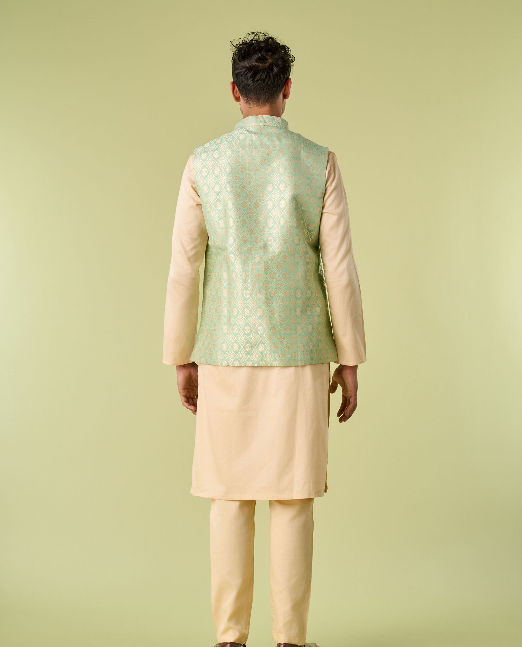 Diwas Men Sea Green Celebration Wear Kurta Jacket With Golden Motifs