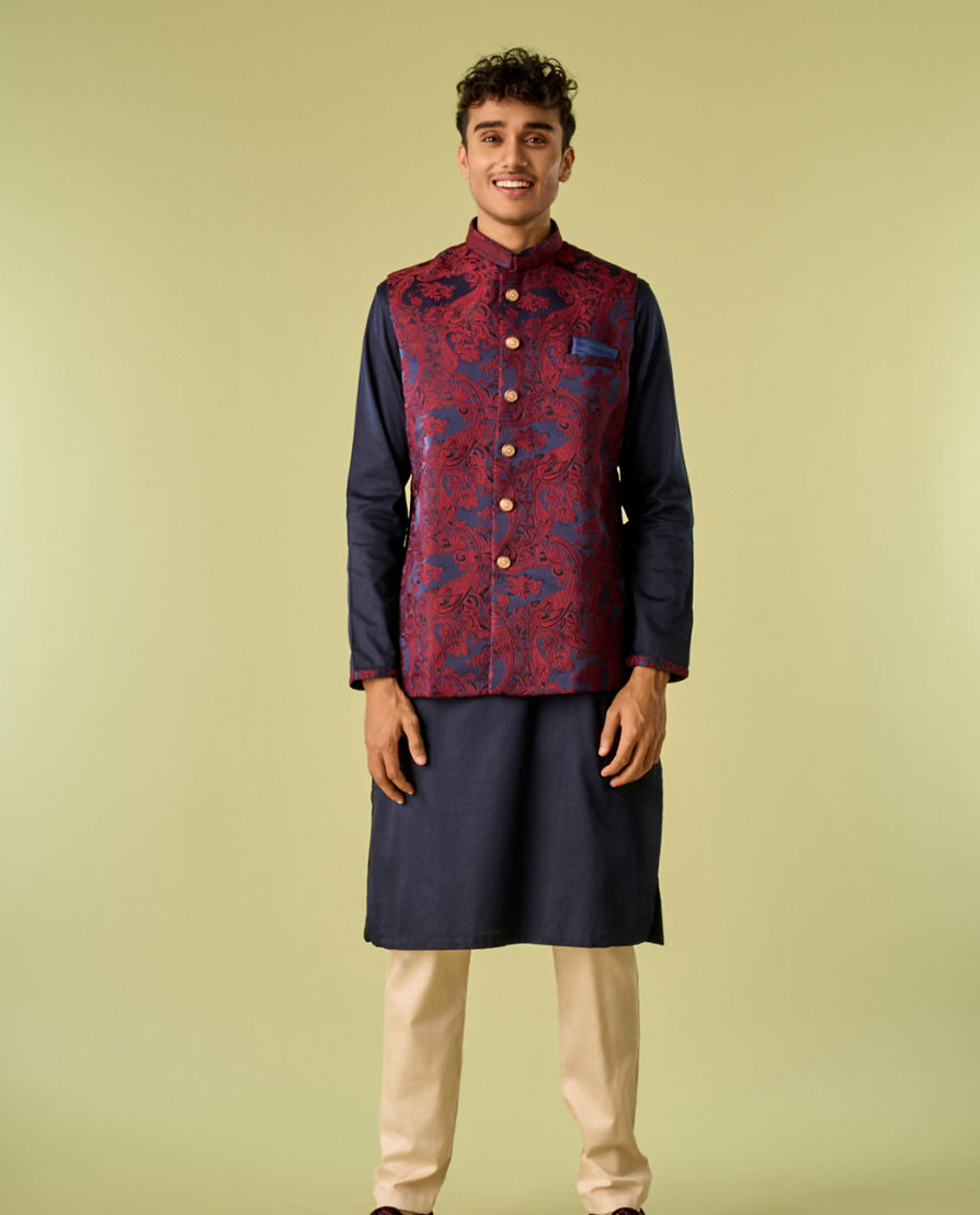 Diwas Men Paisley Blue Kurta Jacket Set