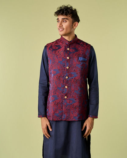Diwas Men Paisley Blue Kurta Jacket Set